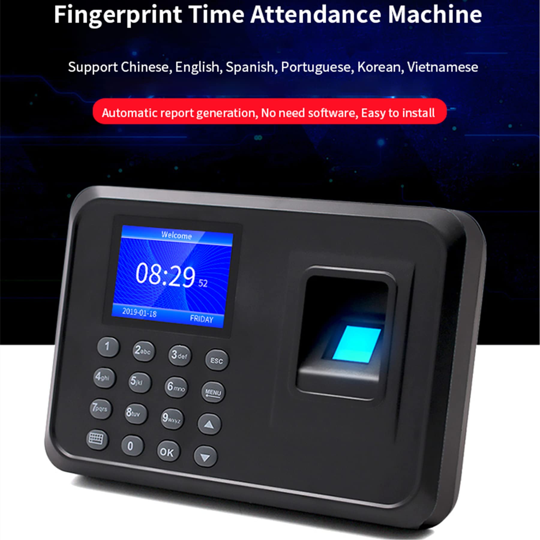 Macchina di assistenza, macchina schema di assistenza biometrica a impronta digitale con disco U 8G, capacità di 100.000 record,2,4 pollici, schermo LCD, sistema spagnolo