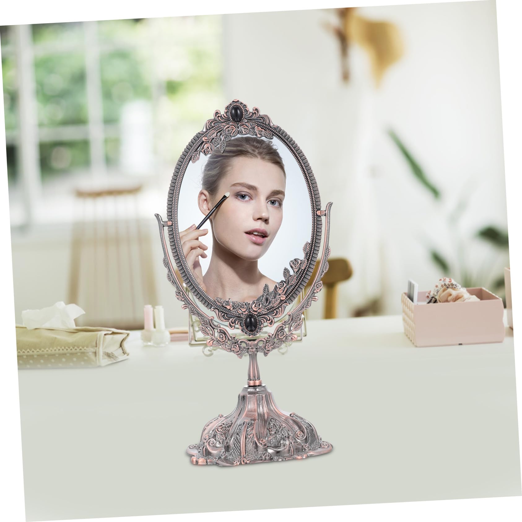 WOONEKY Doppelseitiger Kosmetikspiegel aus Zinklegierung im Vintage Stil | Schminktisch Geeignet, Stabile Standfläche mit Flachem Boden, Drehbar für Make Up und Hochzeit