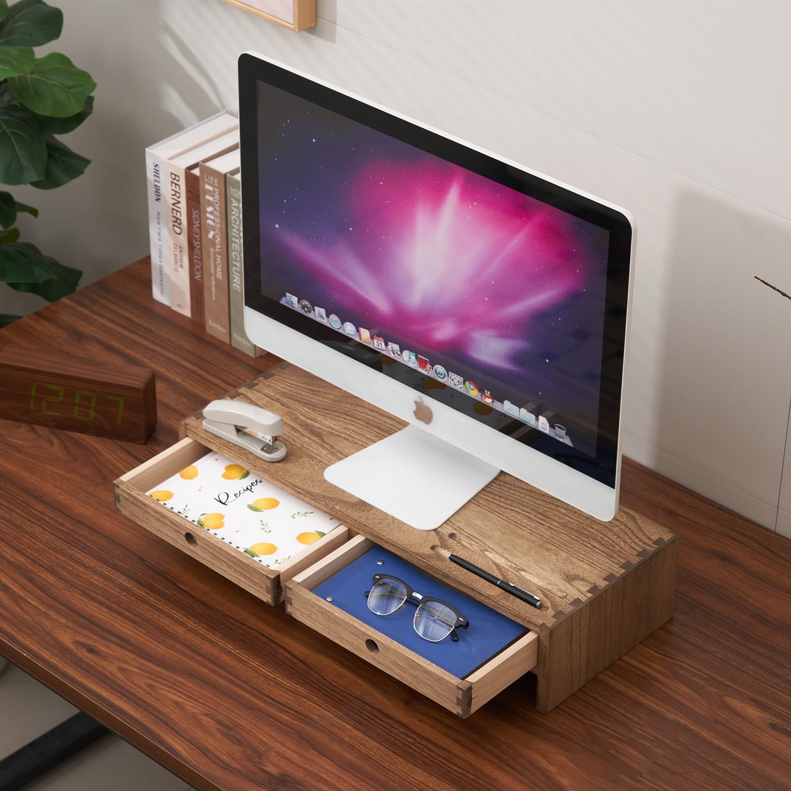 Supporto per Monitor in Legno massello, Supporto da scrivania Universale per Monitor per Computer in Legno per Laptop, TV, Stampante, Organizer per riporre Accessori per Ufficio,B,80CM