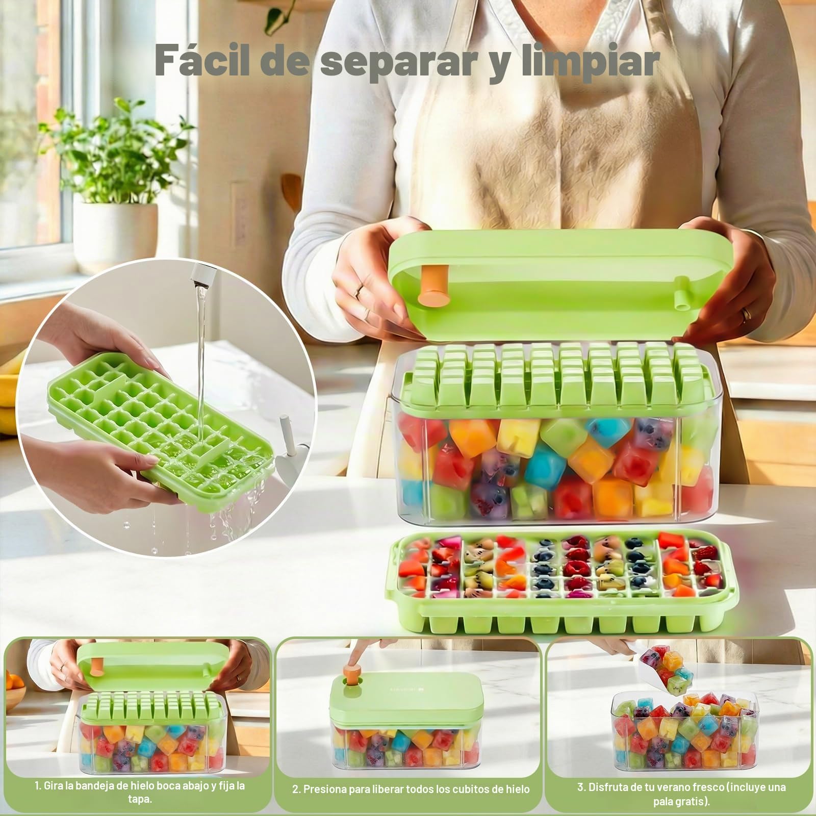 Cubiteras para Hielo con Tapa, Cubitera para Hacer Hielo y Hielos Reutilizabl,Hace hasta 200 cubitos,Perfecta para whisky, cócteles, café y todas las Bebidas.(Verde)