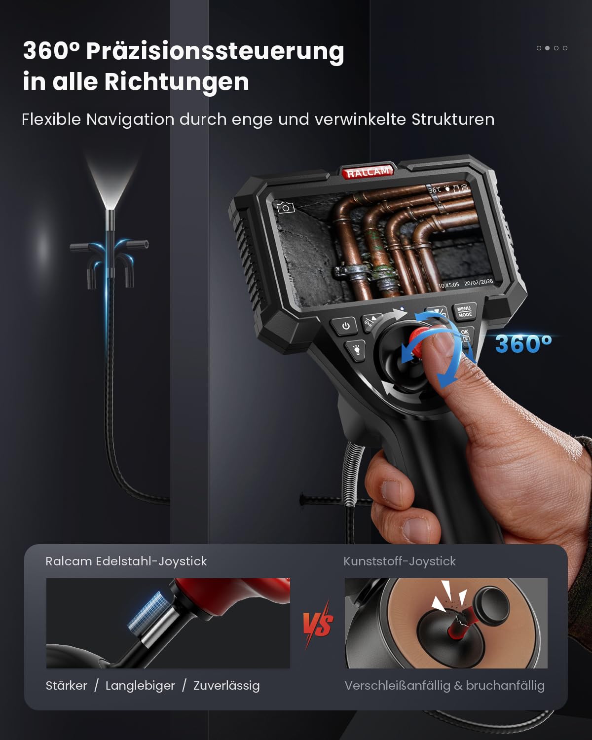 Ralcam Endoskopkamera mit Licht, Endoscope Camera mit 360° beweglichem Kopf, 6.2mm Sonde, 5" HD Bildschirm, IP67 Inspektionskamera, 1,5M Halbstarres Kabel, Rohrkamera für Auto & Haus