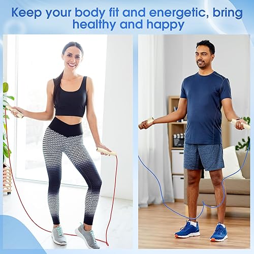 Miniatura 6 de Cuerdas de salto de 8.53 pies para niños y adultos, cuerda de saltar ajustable de algodón con mango de madera para multijugador, cuerda de saltar