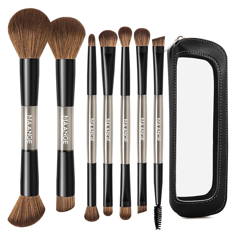 Kit de 7 pincéis de maquiagem MAANGE com estojo, dupla ponta, cor preta