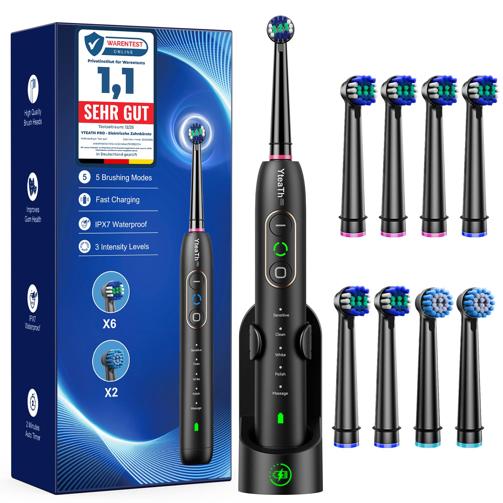 Brosse À Dent Électrique Rotatives pour Adultes - Brosses À Dents Rotatives avec 3 Intensités 5 Modes, 8 Têtes de Brosse, Étanche IPX7, Brosse A Dent Electrique de Voyage, Noir