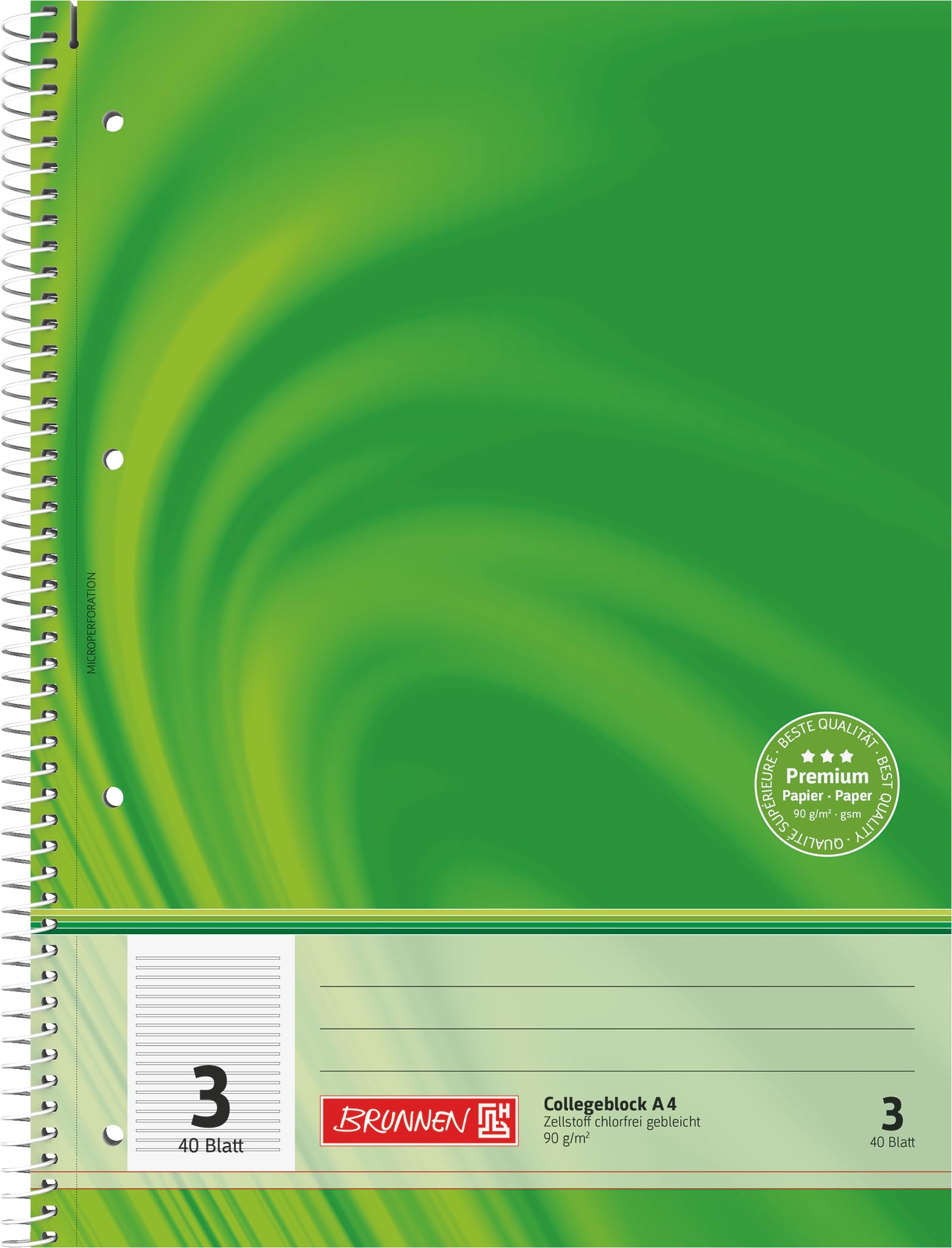BRUNNEN Premium College Notepad, A4, Line Style 3, 40 Sheets, Green