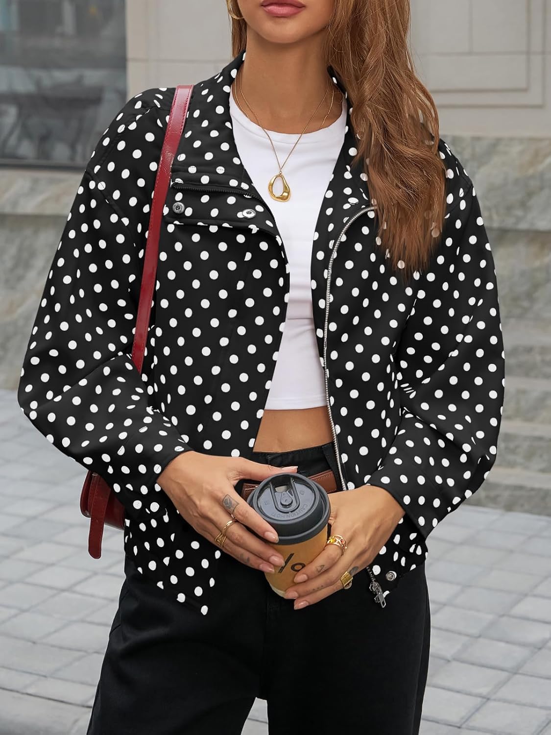 Tankaneo Womens Zip Up Cropped Jackets Polka Dot Oversized Jackets Spring Lightweight Trendy Casual Coats - Image 2