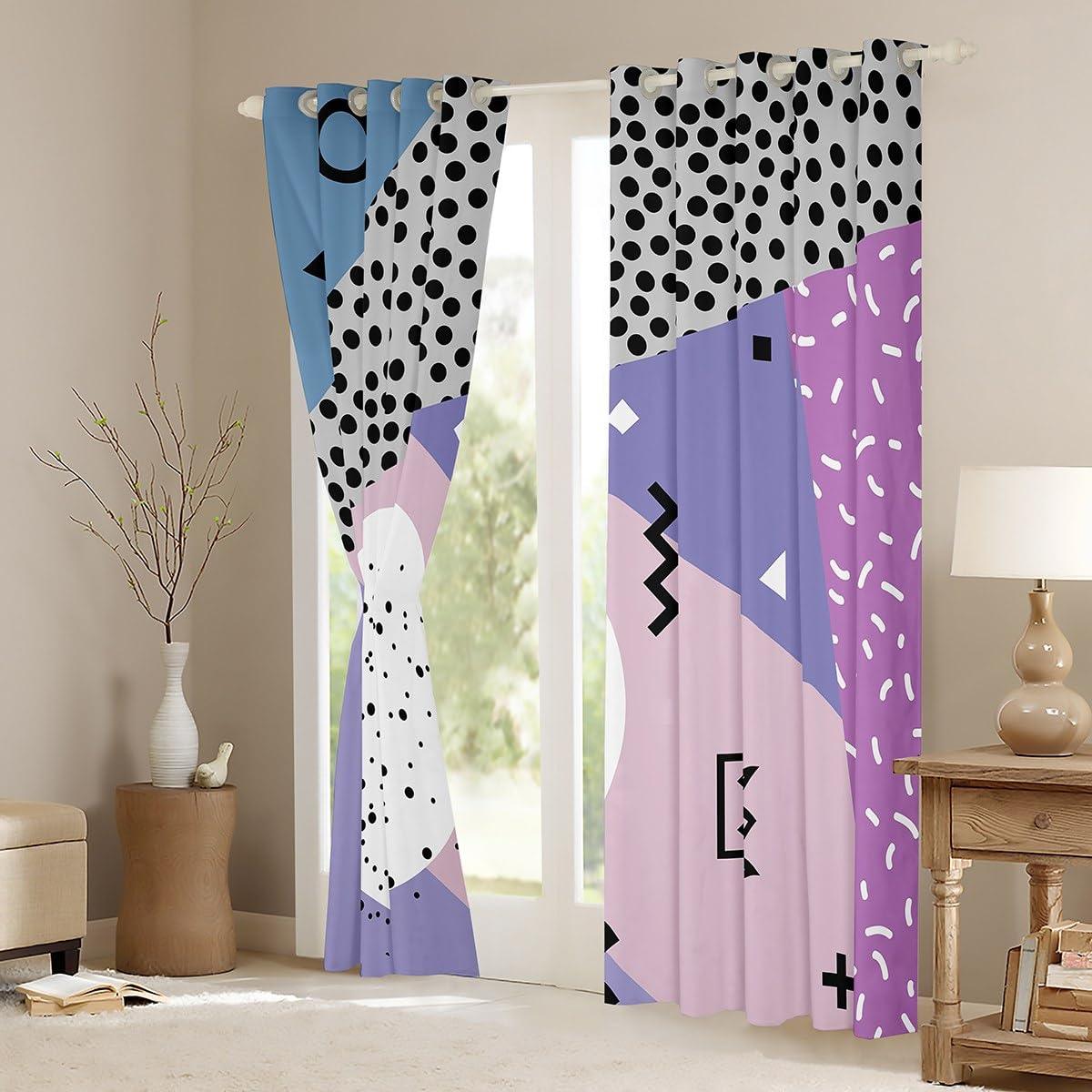 Manfei Memphis Blackout Curtain Abstract Geometric Retro Window Drapes for Kids Girls Room Decor 80s 90s Fashion Style Window Treatments Grommet Top 2 Panel Set Bedroom Curtains - Image 3