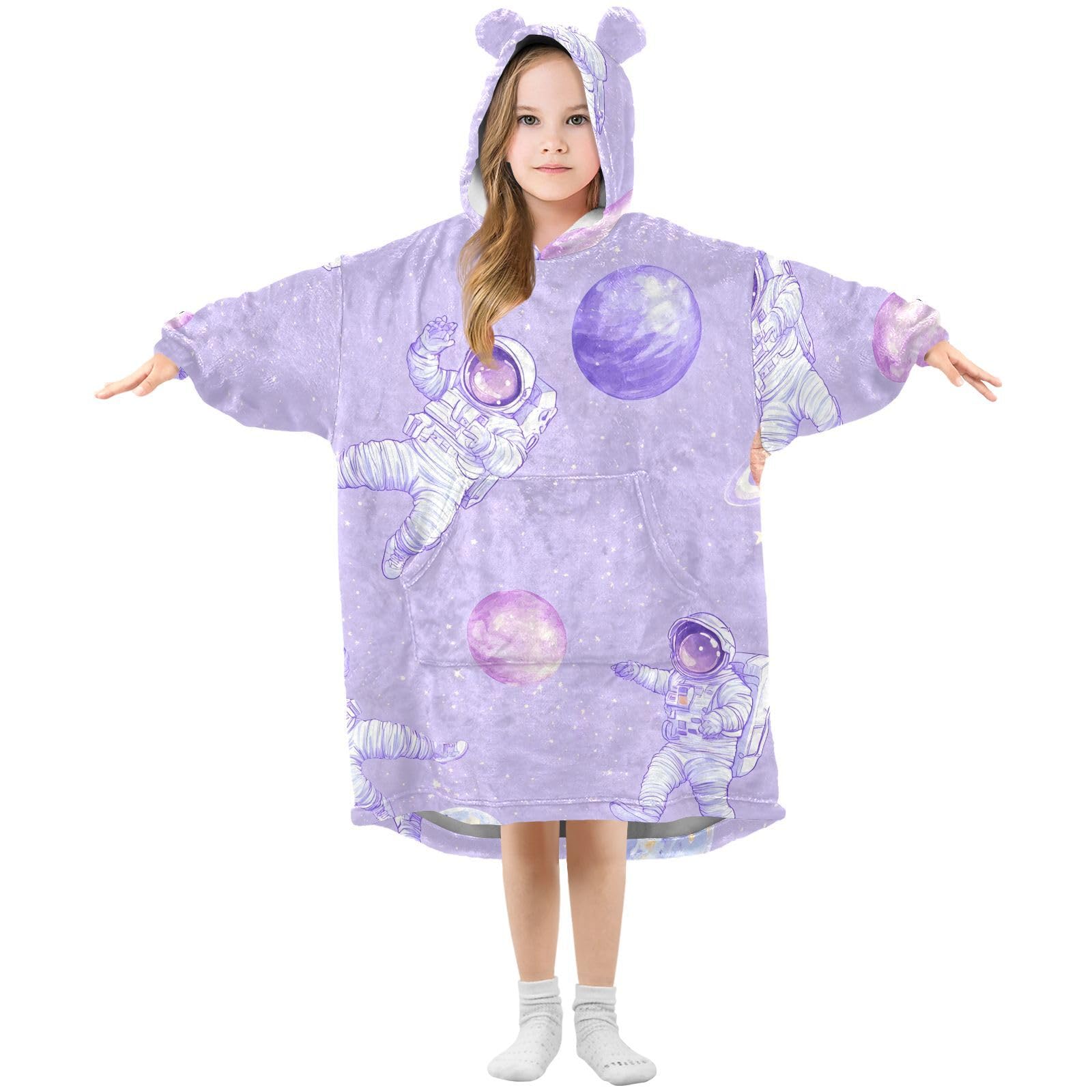 Kids Oversized Blanket Hoodie, Astronaut Planet Purple Warm Fleece Sweatshirt Plush Wearable for Girls Boys, Front Roomy Pocket, Cute Ear Cap, Large