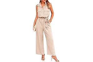 Women's Sexy Sleeveless Button Up Belted Long Pants Summer Jumpsuits
