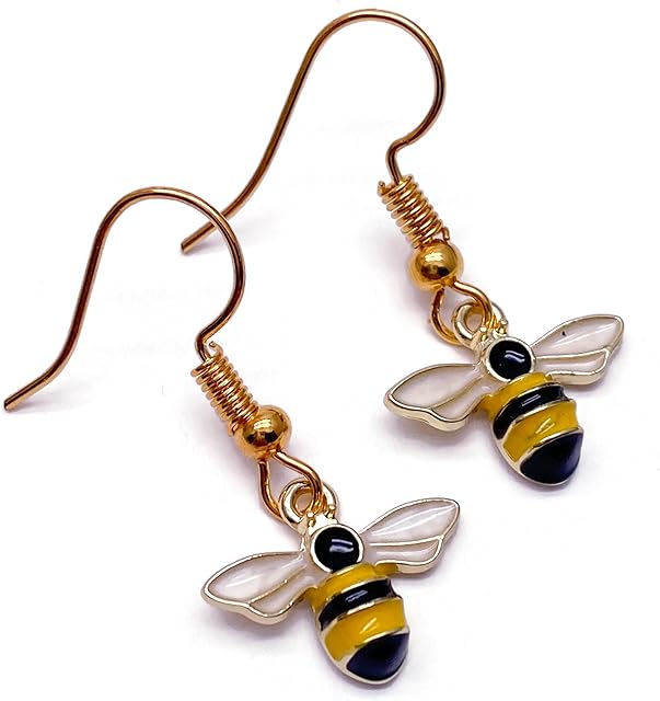 Little Bumble Bee Enamel Charm Earrings - Cute Yellow and Black Enamel Charms on Nickel Free Gold Hooks : 30mm