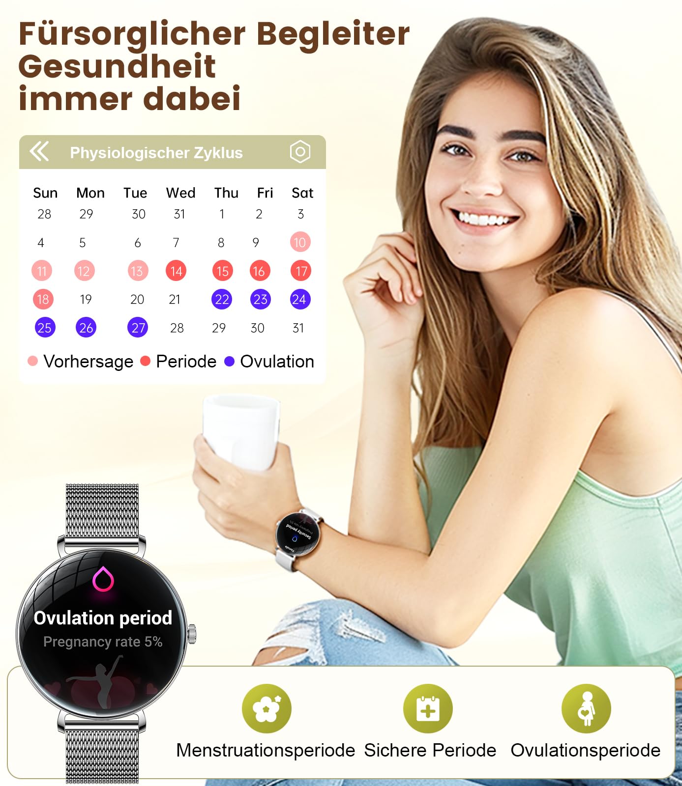 LIGE 2025 Smartwatch Donna, 1,43" HD AMOLED Orologio Fitness con Funzione Telefono, Ciclo Mestruale/Frequenza Cardiaca, IP68 Impermeabile, 120+ Modalità Sportive, Orologio sportivo per Andriod iOS