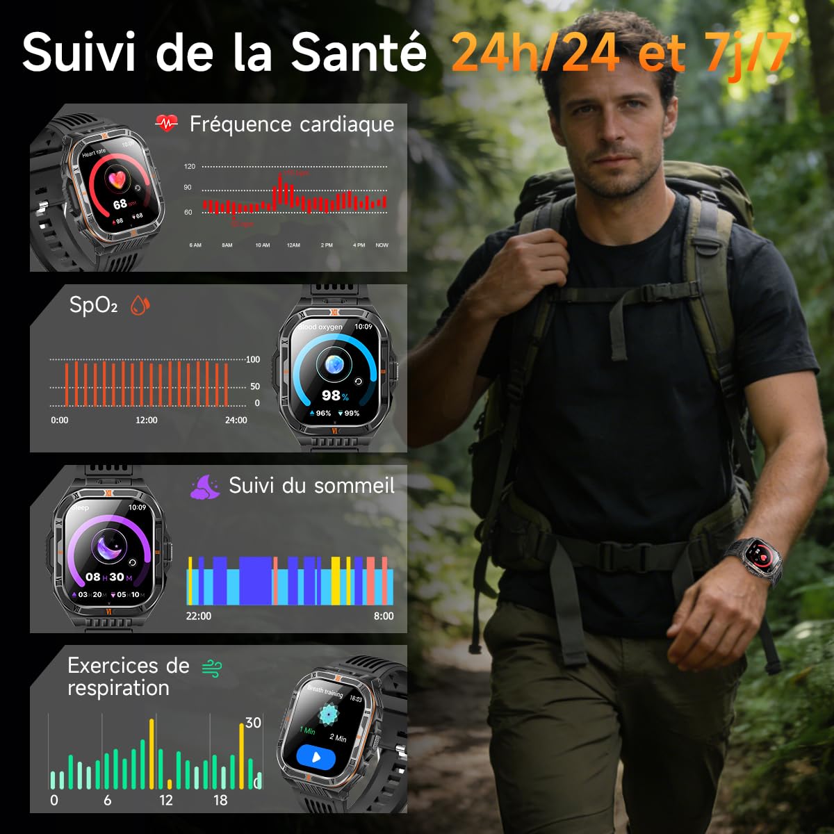 Montre Connectée Homme Militaire, 2.01" HD Grand Écran avec 1100 mAh Batterie/LED Lampe,Smartwatch avec 150 Modes Sportifs/Fréquence Cardiaque/SpO2/Sommeil Monitor, IP68 Étanche pour Android iOS
