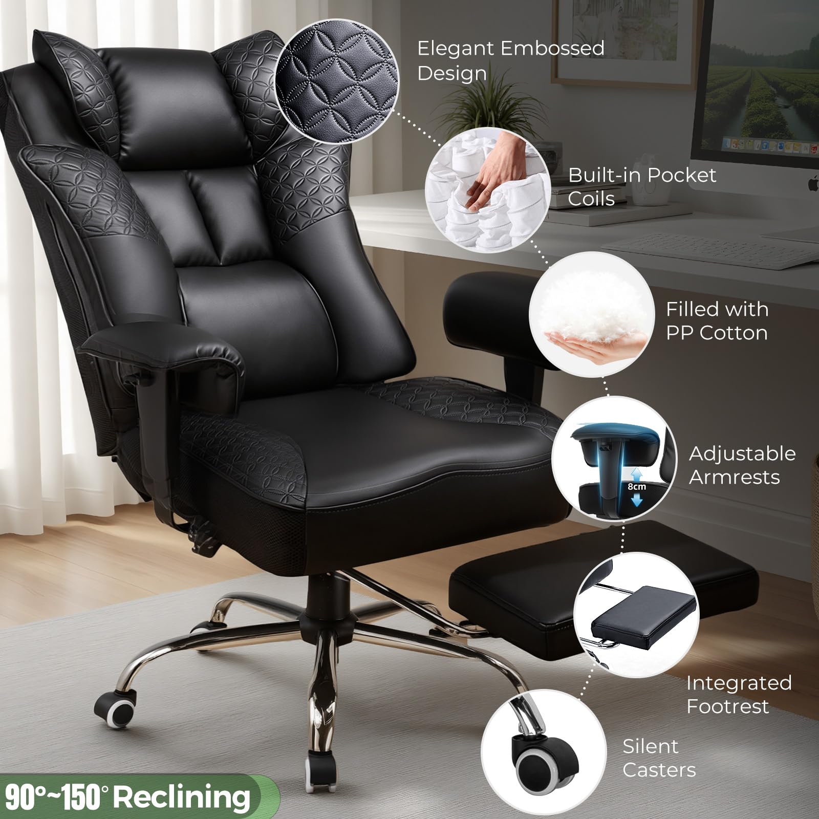 GTPLAYER Big and Tall Office Chair 400LBS Wide Ergonomic Gaming Chair with Deluxe Embossing Designed Leather with Foot Rest,150°Reclining Adjustable Soft Armrests Pocket Spring Back Support and Pillow