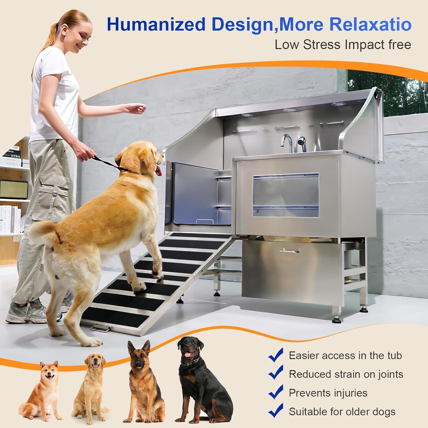 50" Stainless Steel Dog Grooming Station with Ramp and Drawer