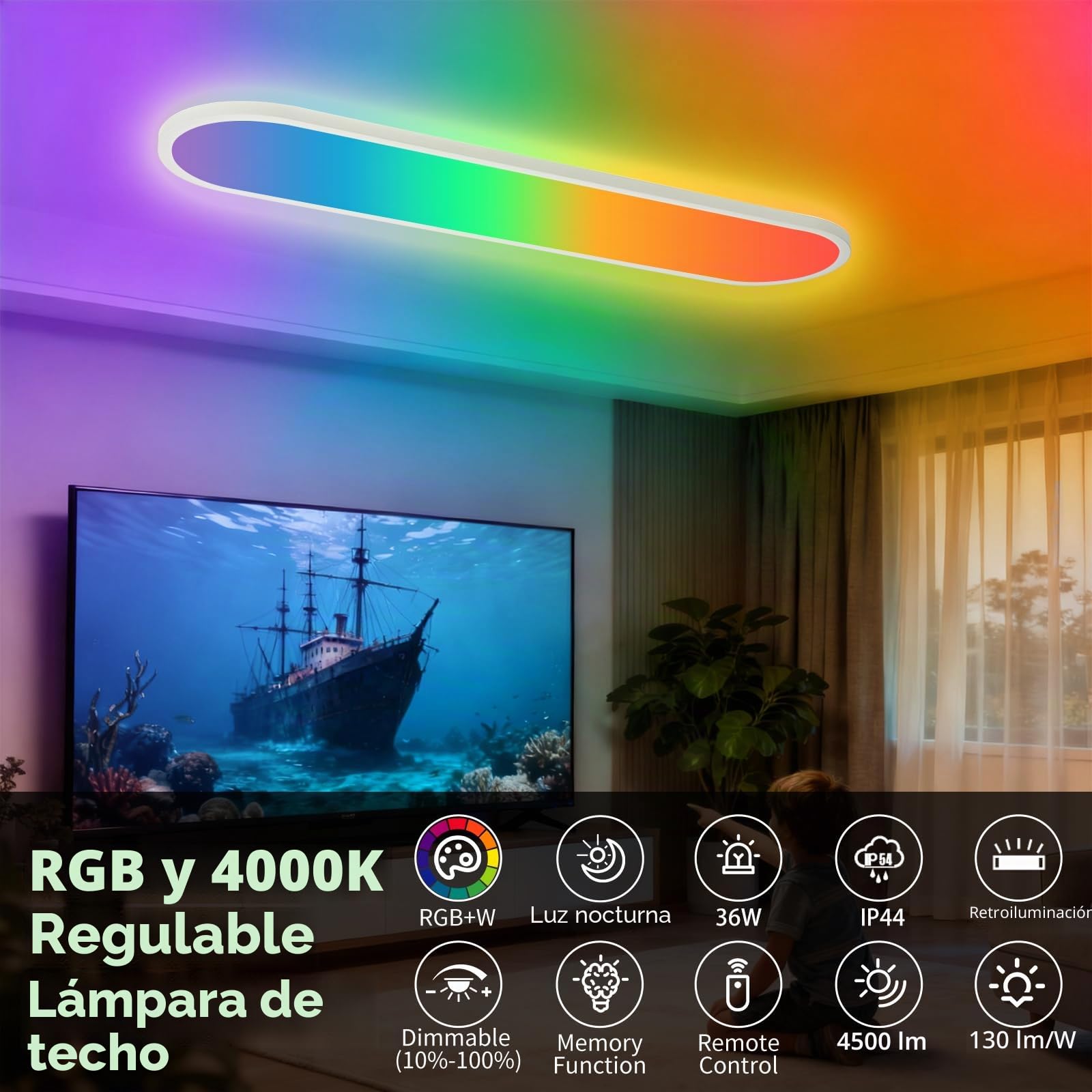 LEZOE Lámpara de techo LED RGB regulable con mando a distancia, 36W 4500LM 4000K RGB, panel de luz regulable para cocina, salón, dormitorio y habitación infantil 80x20x2.9cm Oficina Ovalada