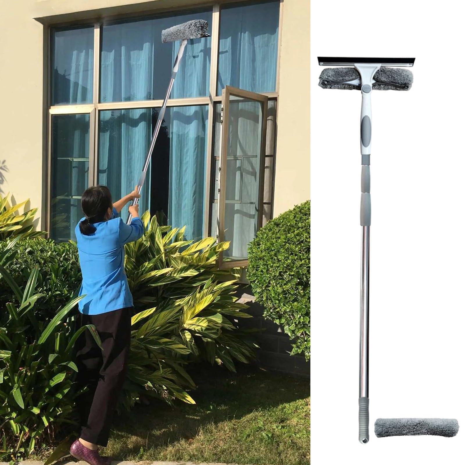 Limpiacristales Limpiador de Ventanas Combo De Limpieza Ventanas-Escobilla De Goma Y Microfibra, Telescópico Ventana Fregona Para Alto Subir/Doble Vidriado, Ventana Lavado Botiquín Con Rotante Cabeza(