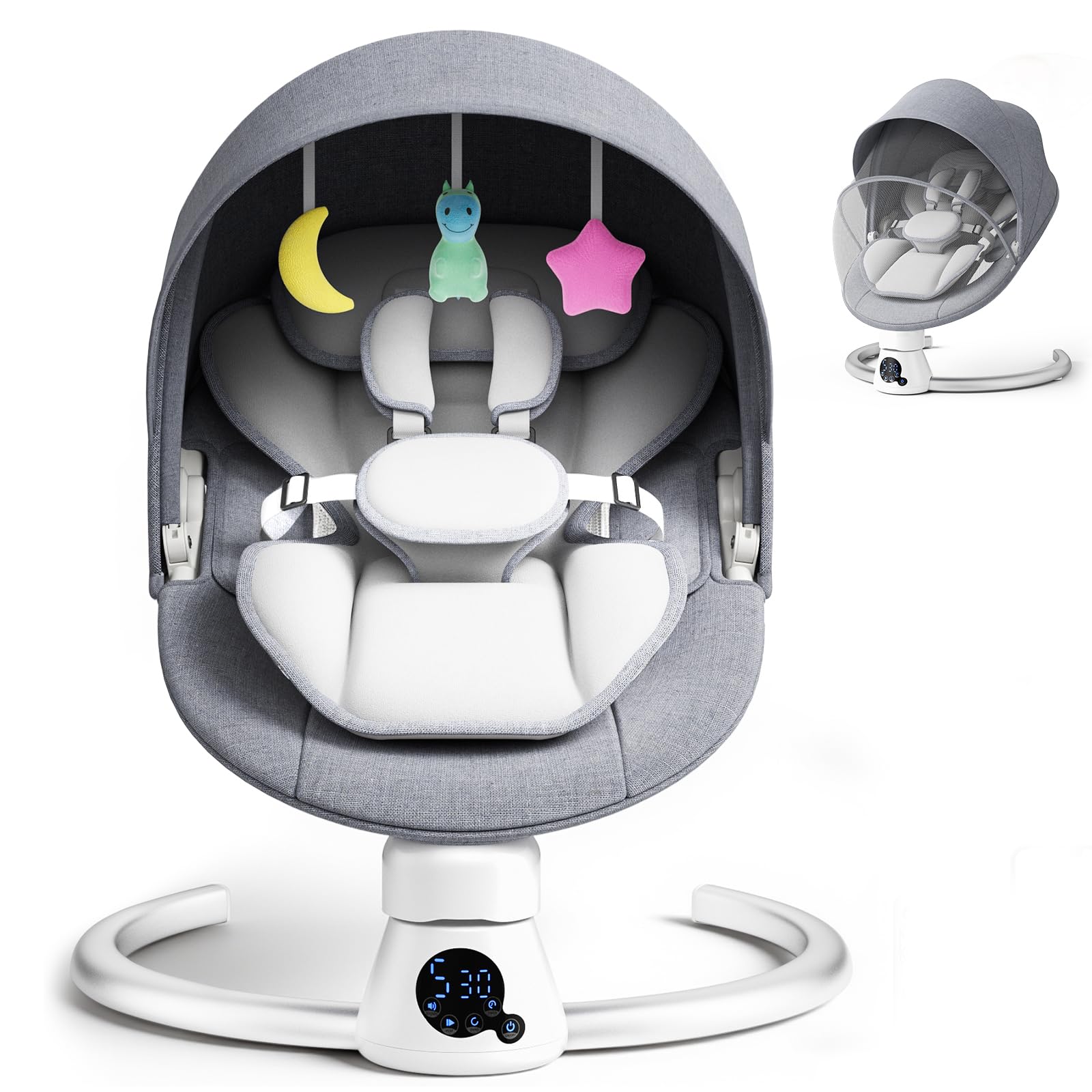 Sdraietta Elettrica per Bebè con App e Telecomando, Hamaca Elettrica fino a 9 kg con 5 Velocità di Oscillazione, 3 Timer, 11 Canzoni, Cinture di Sicurezza a 5 Punti, 2 Posizioni Seduta - Grigio