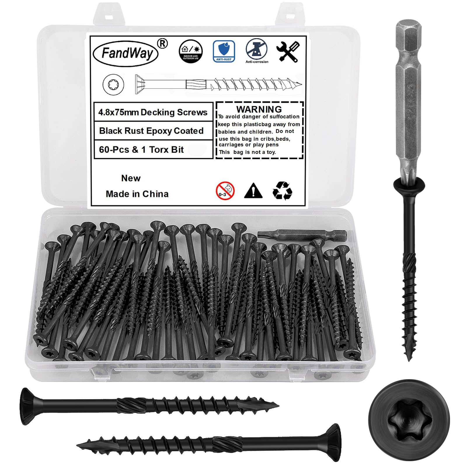 FandWay 4.8x75mm Deck Screws 60Pcs,Torx Drive Wood Screws, Flat/Countersunk Head Screw,Rust Resistant epoxy Coated, Black, T25 Star Bit.