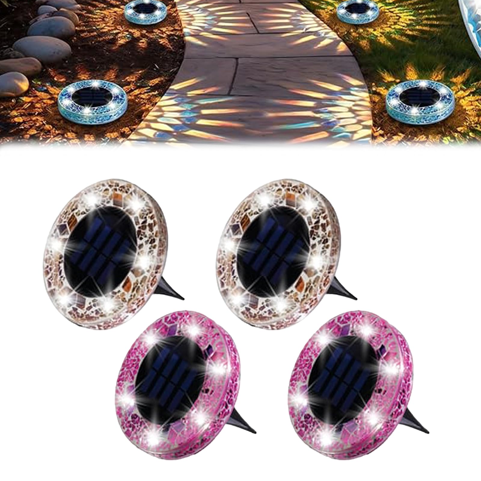 Miepkvl Mosaic Solar Disk Light, Solar Ground Disk Lights, Waterproof Garden Flat Solar Floor Light, Mosaic LED Garden Stake Lighting Auto On/Off for Walkway, Patio & Lawn (Purple+Yellow,4PC)