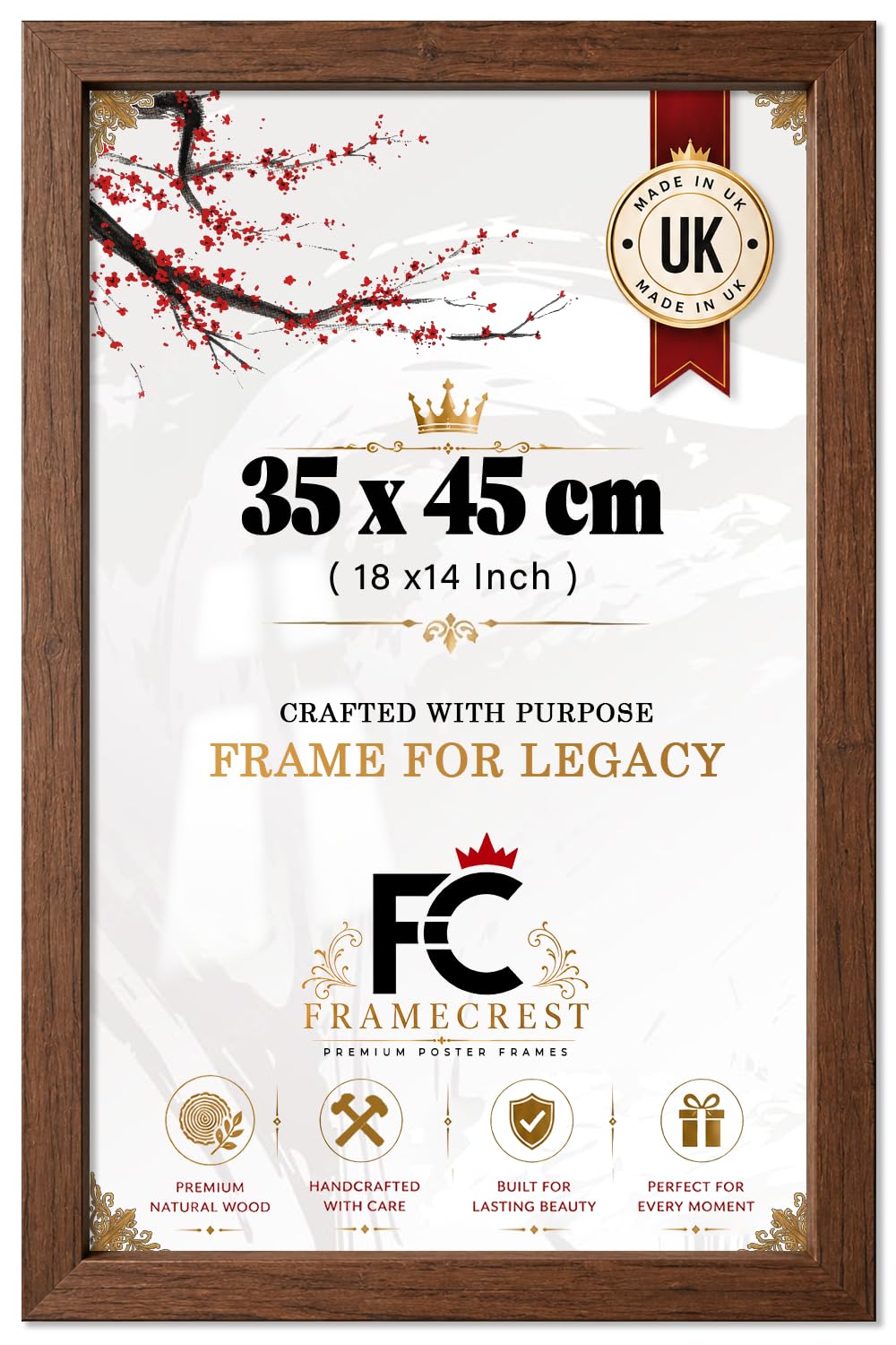 FRAMECREST LTD 35 X 45 CM Poster Frame — Solid Engineered Wood Single Opening Wall Mount Picture Frame With Clear Styrene, Jigsaw Hanging Included, Modern Photo Display For Home Office - [Walnut]