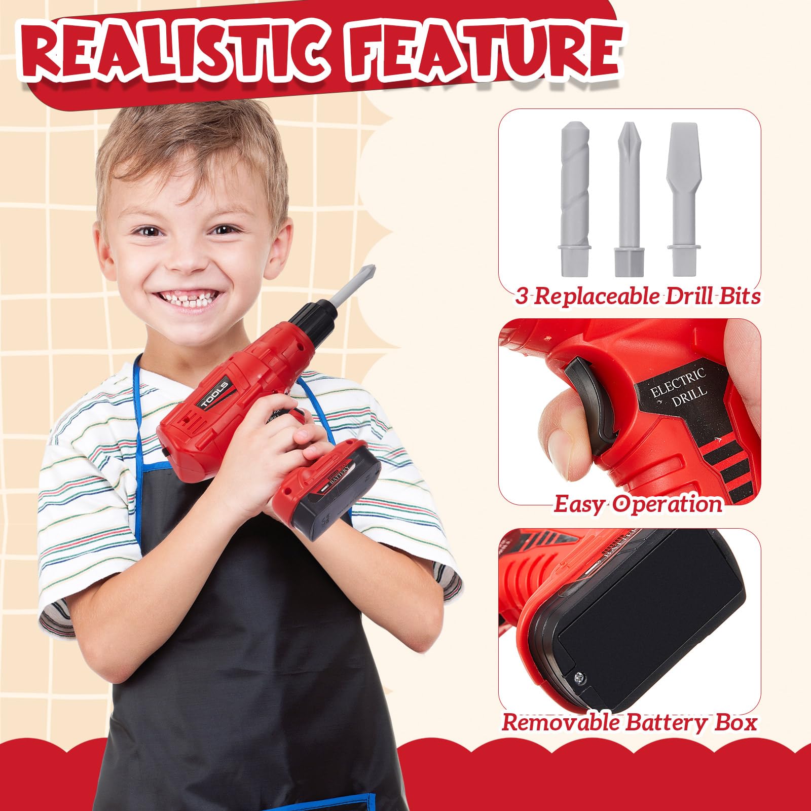 Juego de taladro de juguete con 3 brocas intercambiables para niños, herramienta de juego de simulación eléctrica con sonido realista, herramientas de juguete de construcción, regalos de 3