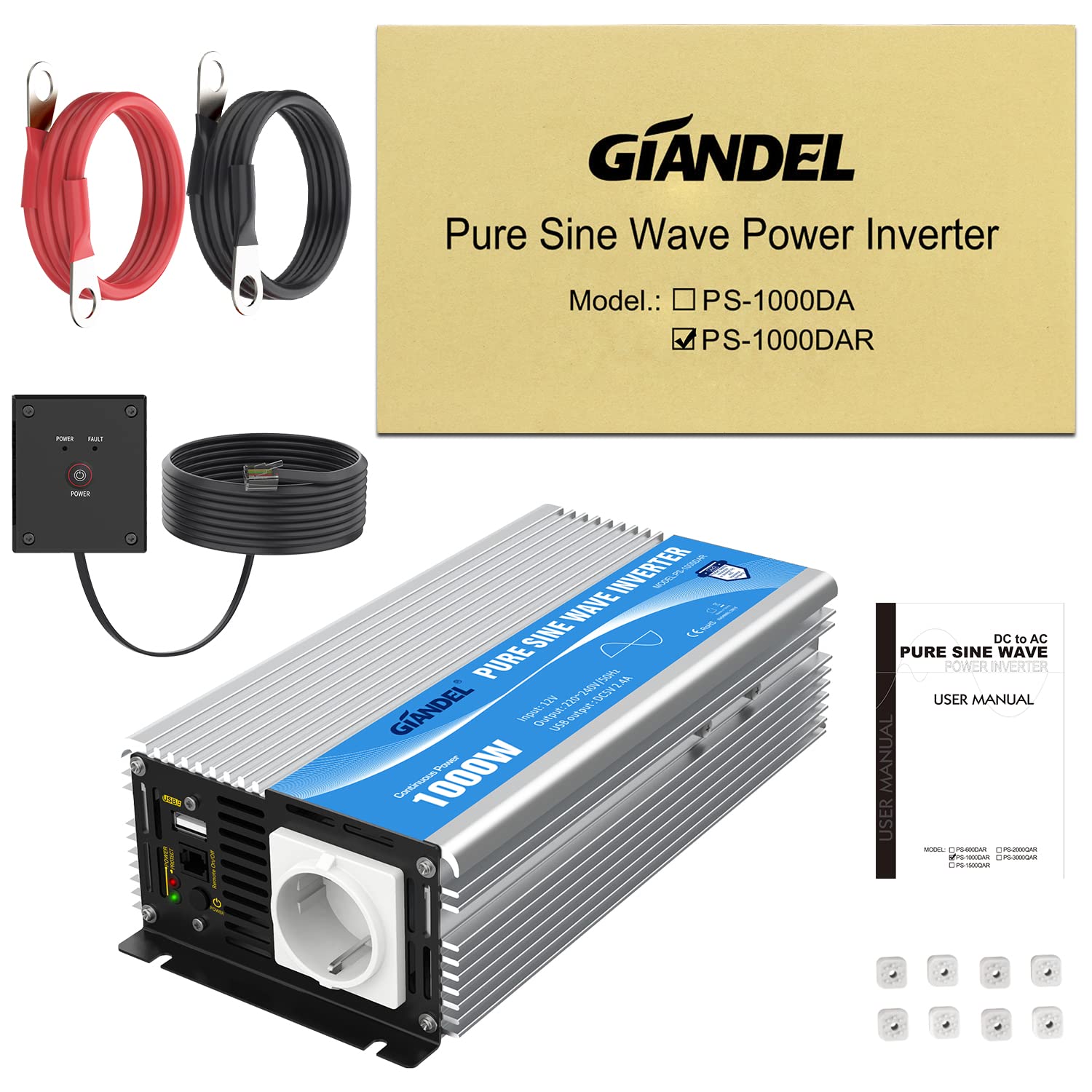 GIANDEL 1000W KFZ Wechselrichter 12V auf 230V Reiner Sinus Spannungswandler Umwandler-Inverter Konverter mit Fernbedienung EU-Steckdose & 2.4A USB-Anschluss