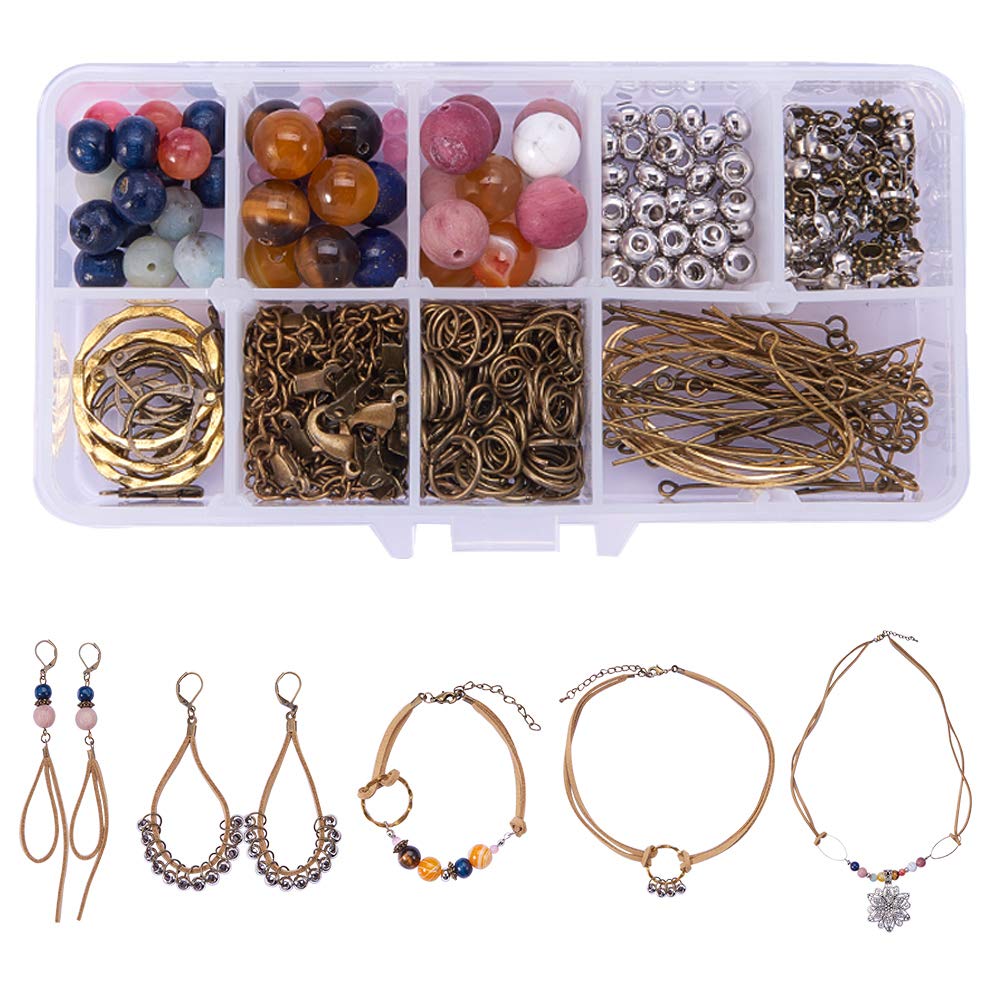 SUNNYCLUE 1 Set 242pcs DIY Faux Suede Natural Semi-Precious Gemstone Collection Jewelry Necklace Choker Bracelet Earrings Making Starter Craft Kit - Make 8 Jewelry, Brown