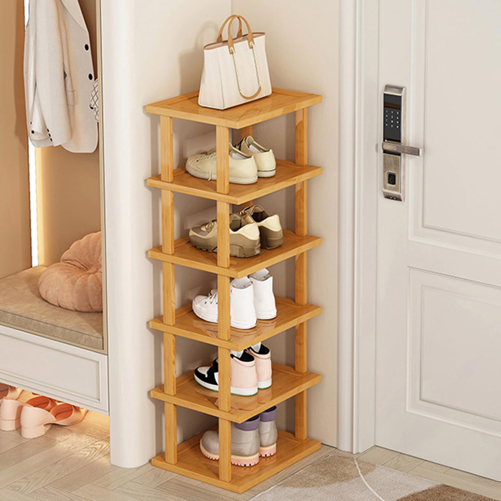 Washranp Shoe Rack Bamboo, Six Layers Tall Shoe Rack, Great Load Bearing Narrow Shoe Storage Organizer Slim Shoe Shelf, Waterproof Vertical Shoe Tower