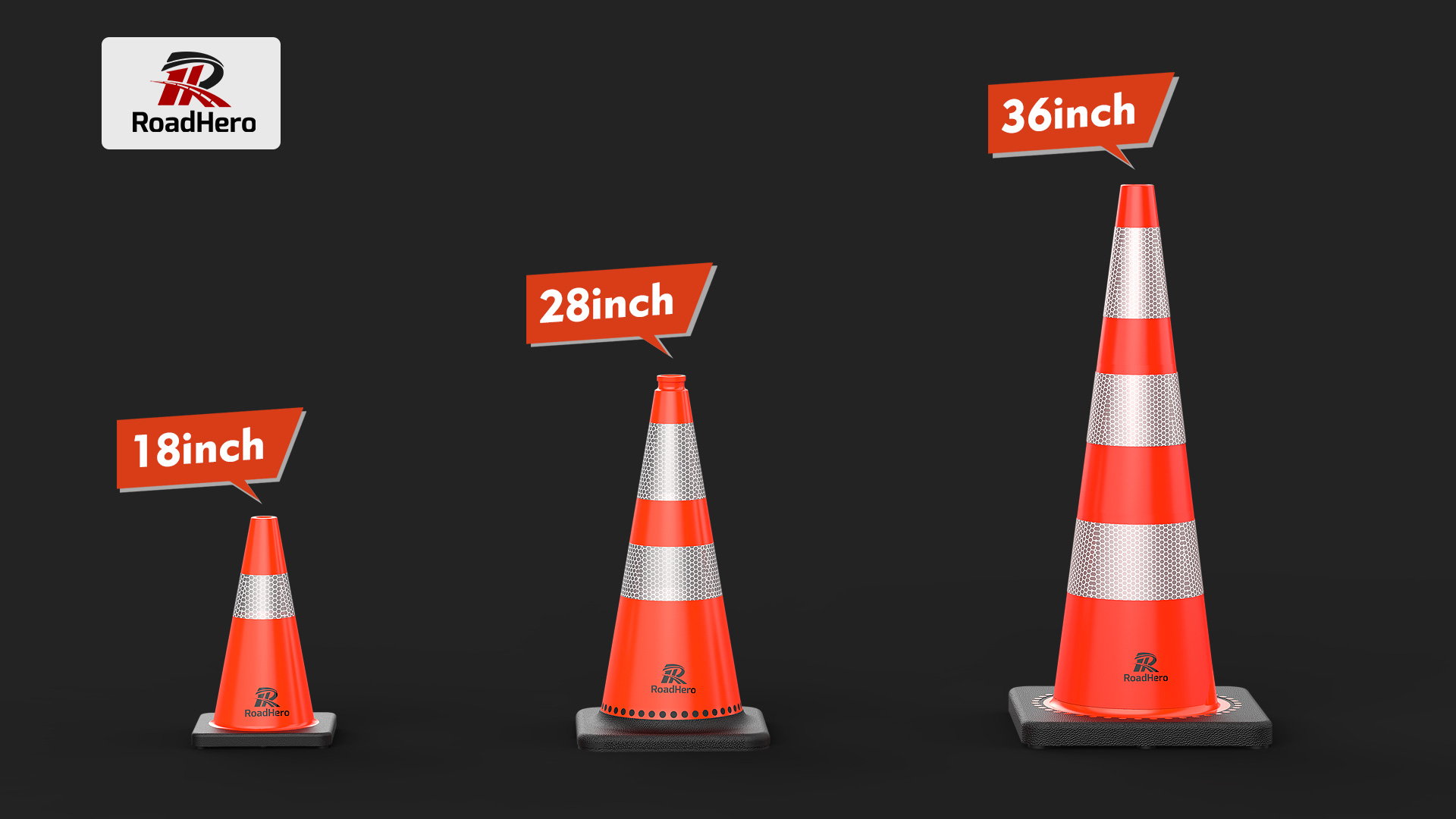 RoadHero 4 Pack Traffic Safety Cones 18 Inch with Black Weighted