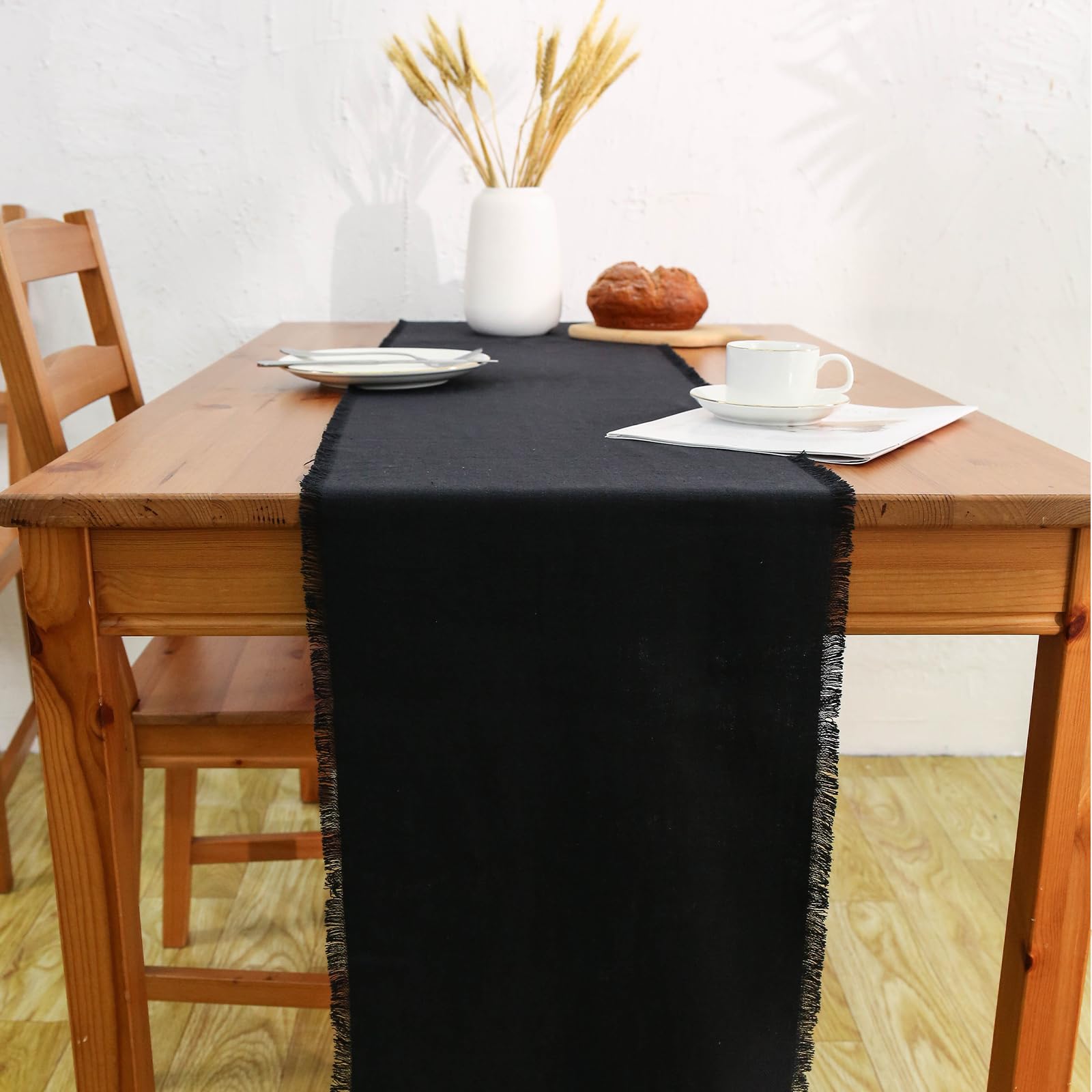 Photo 1 of 14x72 Inch Linen Style Table Runner, 100% Pure Ramie Farmhouse Table Runner, Dining Table Runner for Wedding, Parties, Everyday, Holidays-Black Black Table Runners 14" x72"