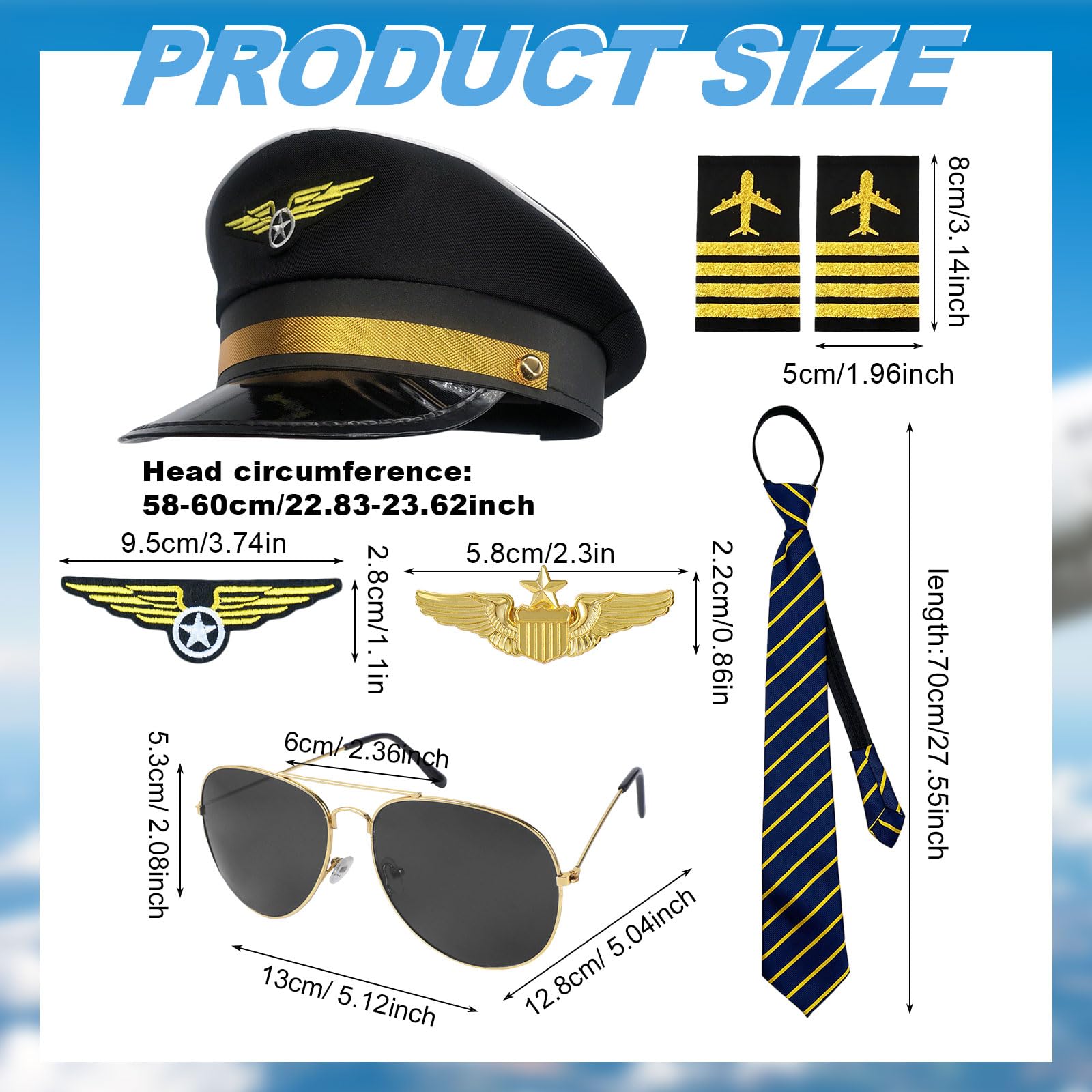 GYIOFAI 7 Pcs Pilot Captain Hat Costume Accessories Set,Halloween Military Airplane Captain Costume Fancy Dress Kit - Image 2