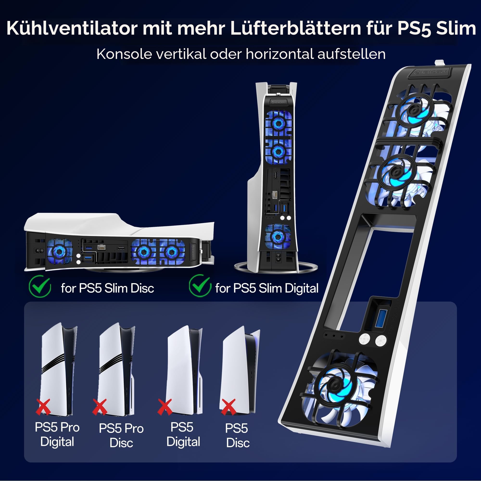 NEWDERY Kühlventilator für PS5 Slim Konsole, verbesserter leiser Kühlventilator, automatische temperaturgesteuerte Geschwindigkeit, dynamisches RGB-Licht, USB 3.0-Anschluss, passend für PlayStation 5