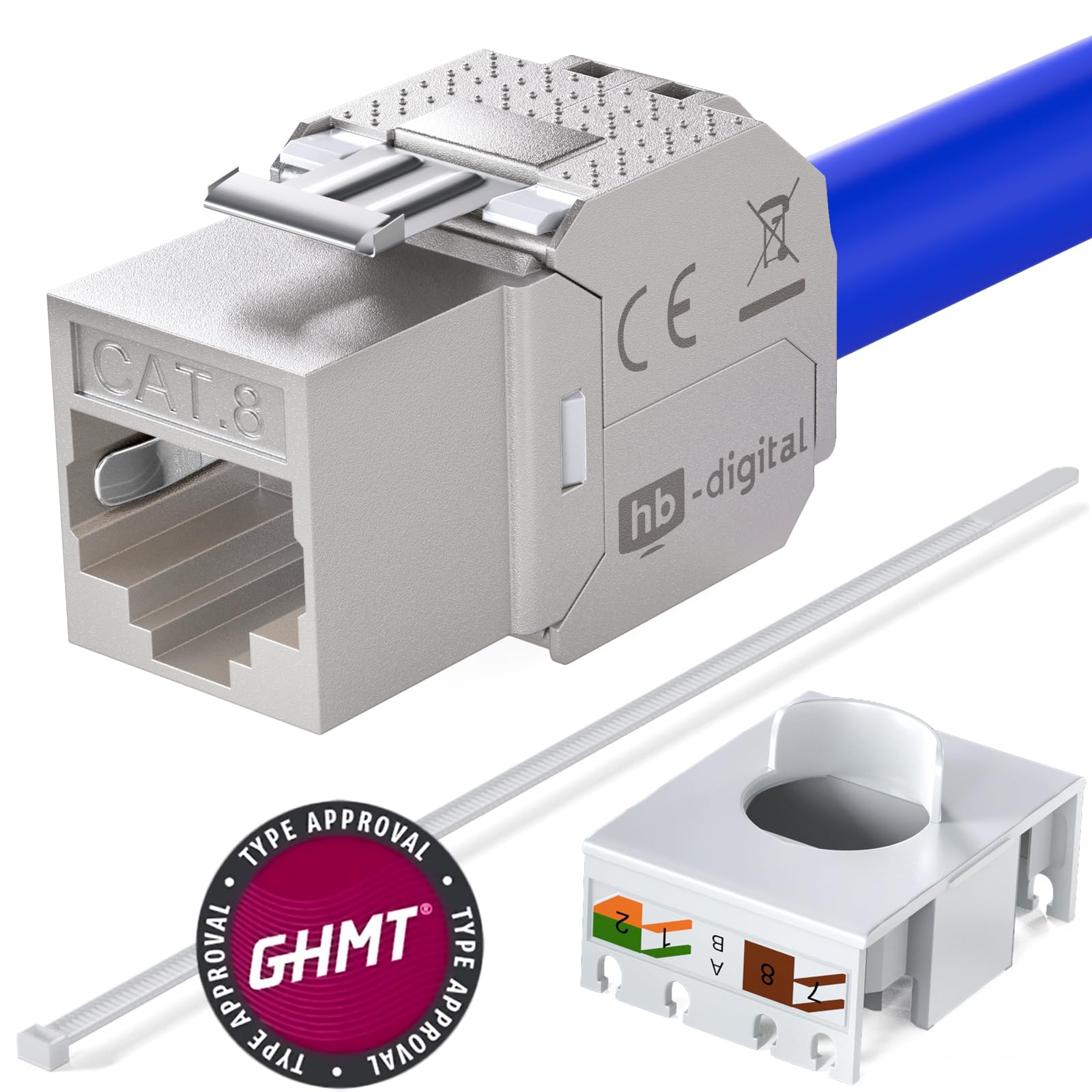 hb-digital Juego de 10 módulos Keystone Cat.8.1 RJ45 + 10 adaptadores de carril para carril de casquillo de 35 mm estándar | RJ35 Jack blindados montaje sin herramientas Ethernet LAN red STP LSA