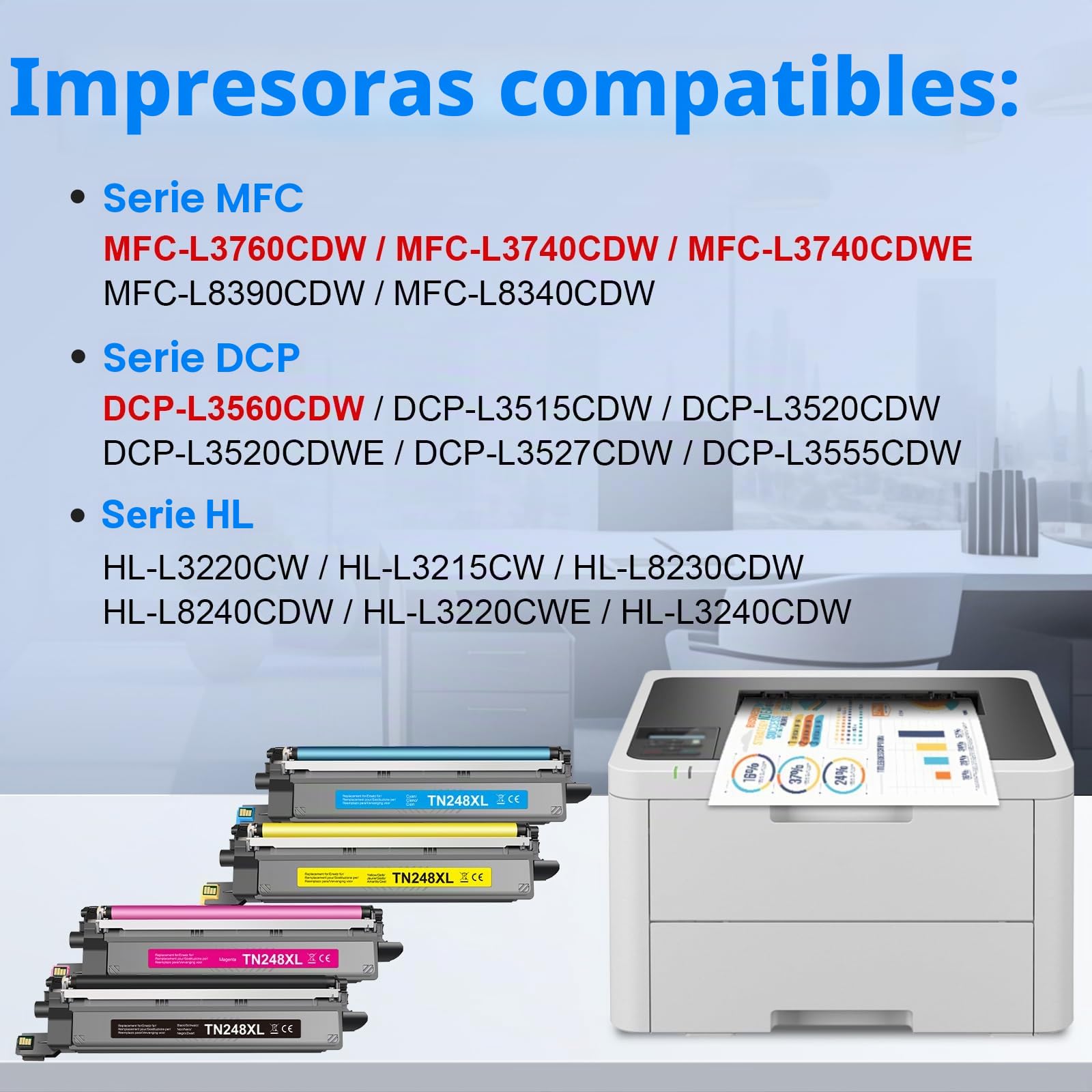 Brother TN248XL TN248 Toner 4-Pack Compatible para MFC-L3760CDW DCP-L3560CDW HL-L3240CDW HL-L3220CW