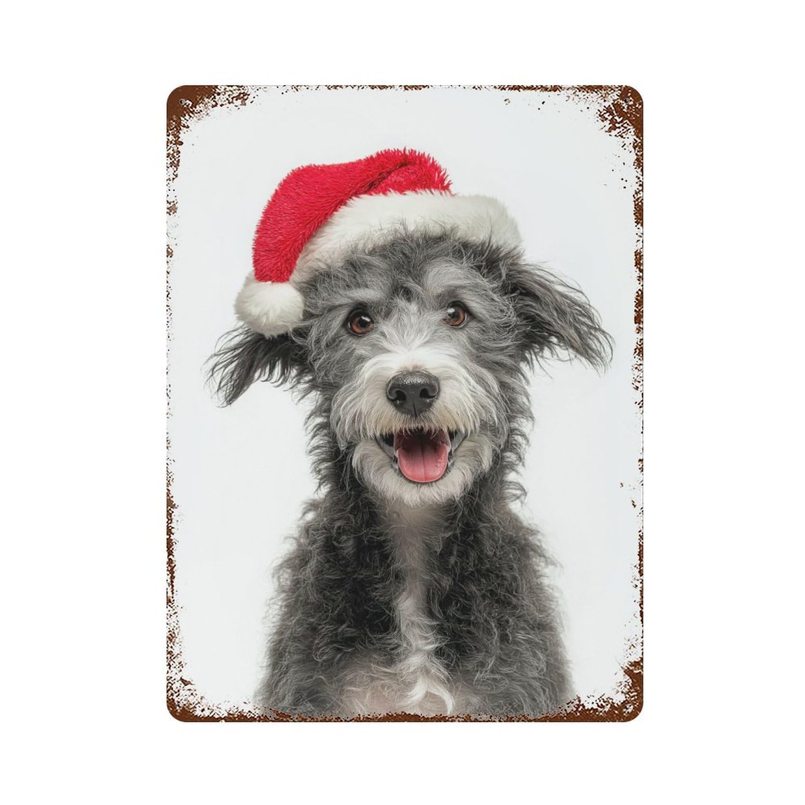 Pumi Dog with Santa Hat Portrait Rusty Metal Tin Sign 15.7"x11.8", Industrial Home Decor for Garage, Pub Or Kitchen