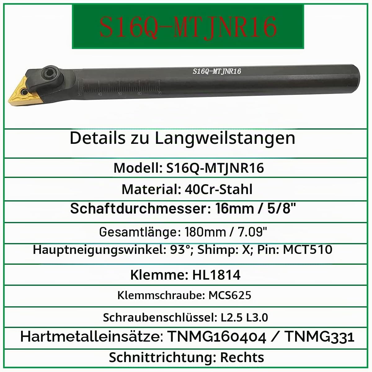 5/8 Zoll Drehmaschine Excircle Indexable Hartmetall Drehwerkzeug Halter MTJNR1616H16 + Metall Drehmaschine interne Bohrstange S16Q-MTJNR16 + indexierbare Hartmetalldreheinsätze TNMG331(TNMG160404).