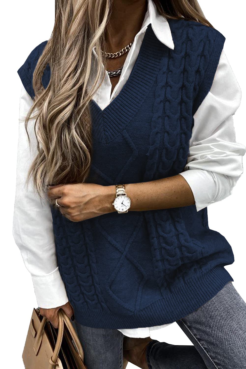 Meufam Sweter kamizelka damska, oversize, dekolt w serek, bez rękawów, swetry z dzianiny kablowej, luźny pulower