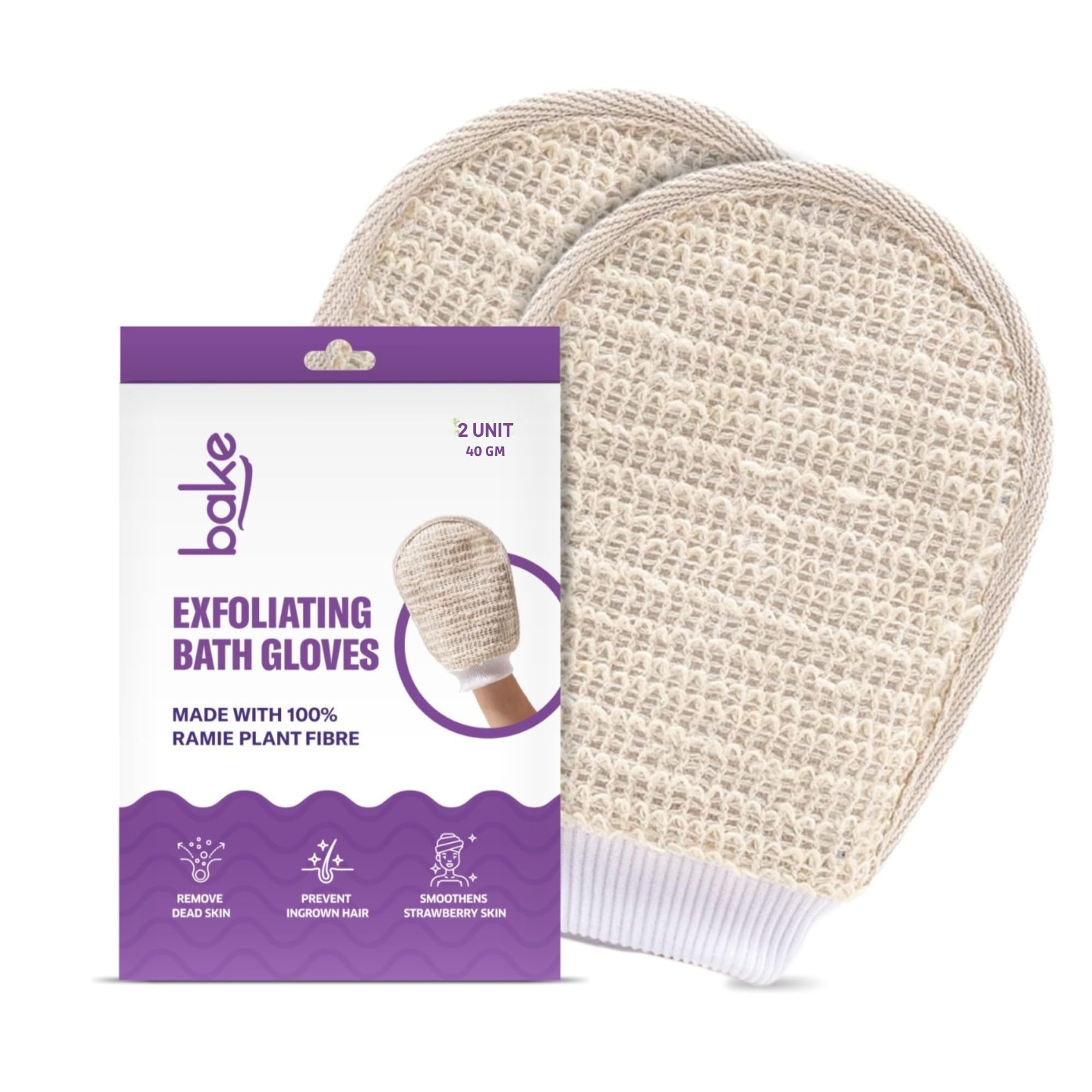 BAKE Exfoliating Bath Glove for Dead Skin, Tan Removal, Strawberry Skin, Body Acne & Ingrown Hair | 100% Ramie Plant Fibre, Body Exfoliator for Dry Patches | For Men & Women | 2 Glove (40g)-image-25