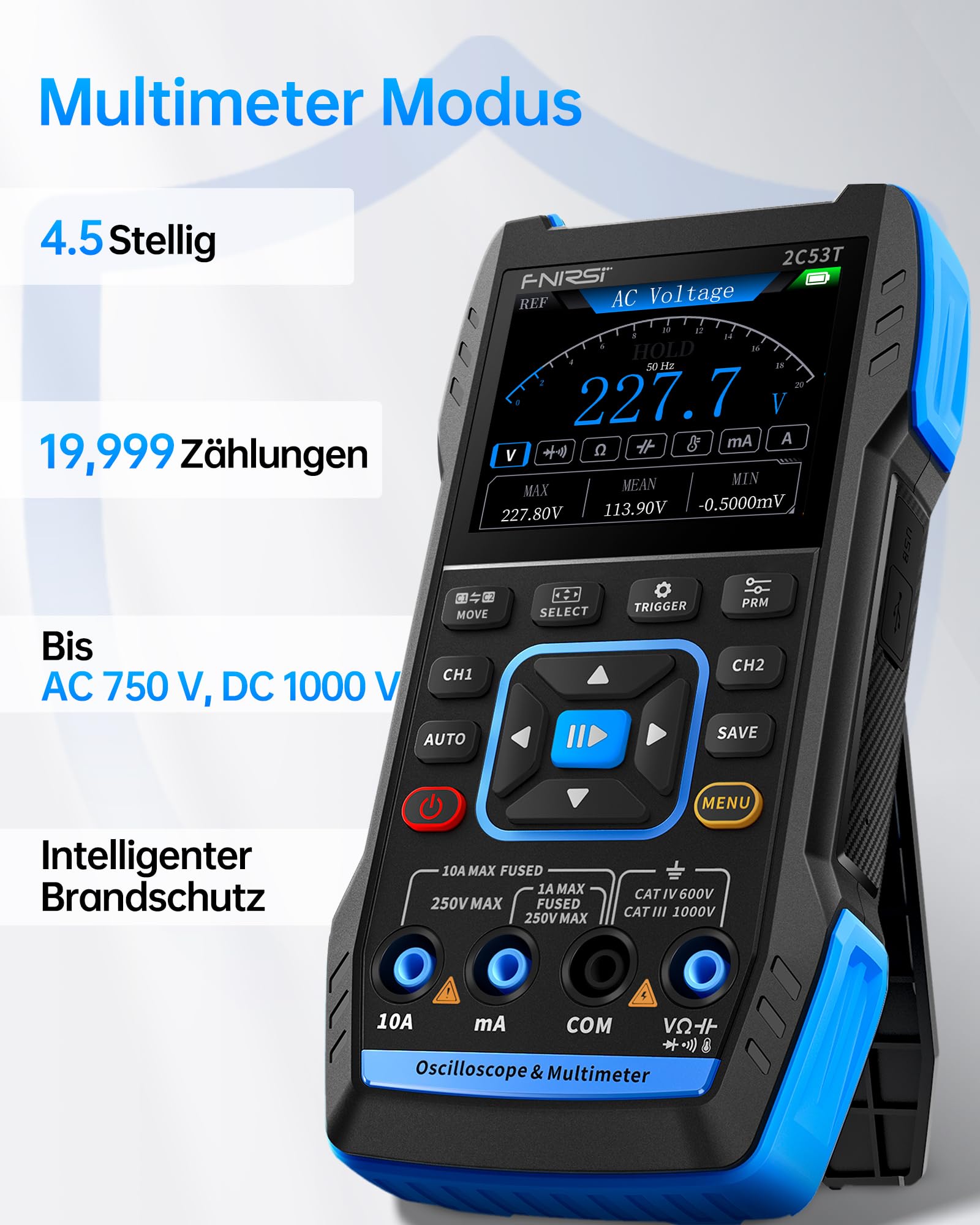 FNIRSI 2C53T Osciloscopio Portátil Digital 3 en 1 50MHz 250MS/s Multímetro Generador de Señales DDS