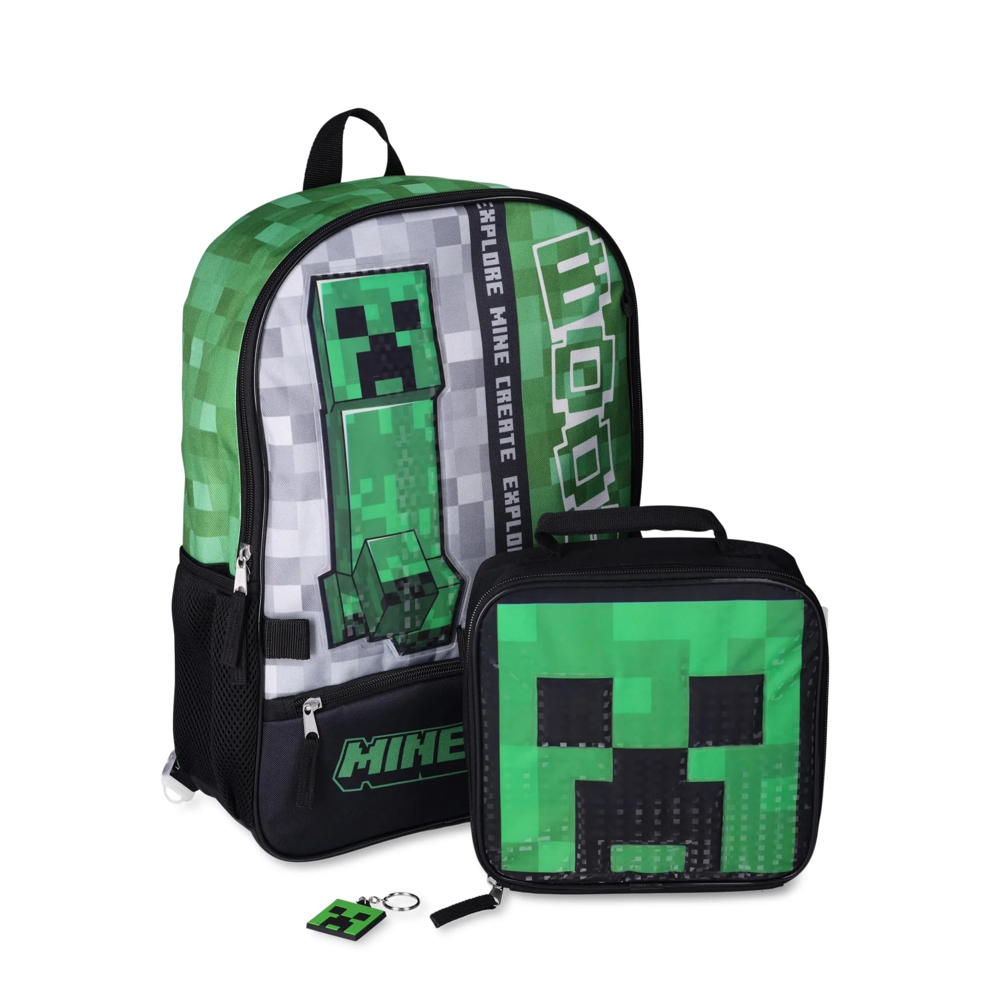 Bioworld Minecraft 17" Laptop Backpack 3 Piece Lunchbox Bag Keychain Set (Green/Gray/Black, 17 Inches)