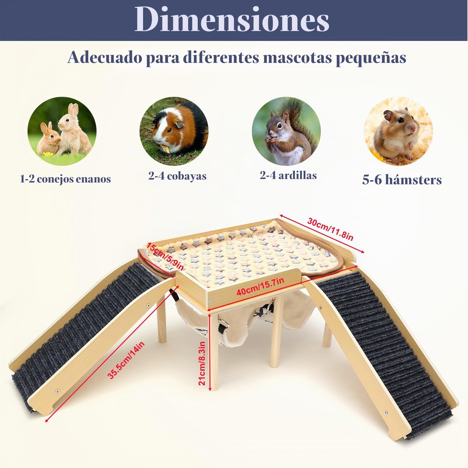 Casa para Cobaya con 2 Rampa y Hamaca, Juguete para Cobayas Accesorios, Hábitats de Animales Pequeños, Madera Casita para Conejo para Jerbos Degus Ratones Espinosos