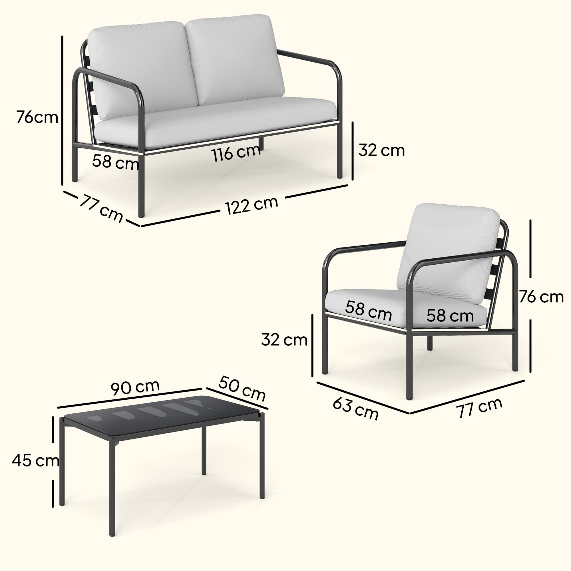 Outsunny Set Salotto da Giardino 4 Pezzi, Acciaio, Divano 2 Posti, Poltrone, Tavolino Vetro, Cuscini, Grigio Chiaro
