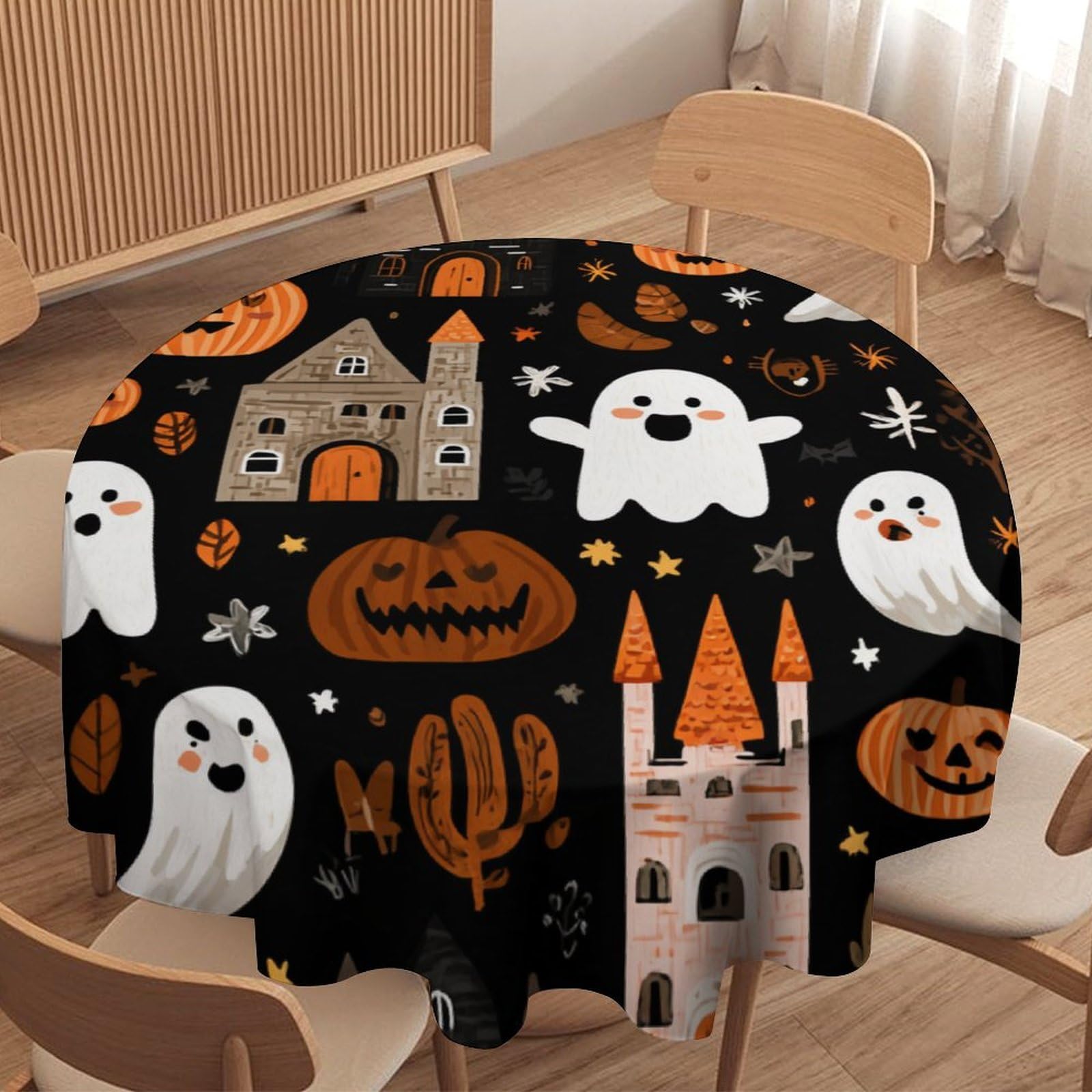 LUYYSKY Abstract Anime Cute Ghost Waterproof Round Tablecloth Funny Watercolor Halloween Castle Plant Pumpkin Print Washable Table Cover for Kitchen-177.8" Wx177.8 L cm