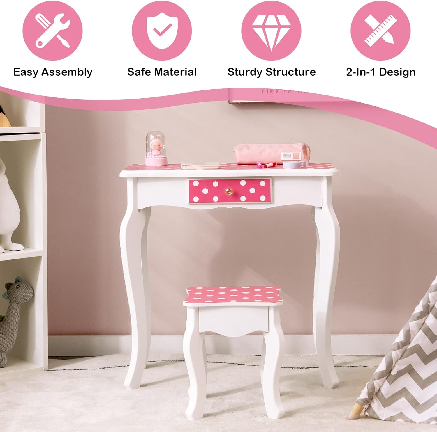 GLACER Toddler Vanity, Wooden Kids Makeup Vanity w/Tri-Folding Mirror & Stool, Drawer, 2-in-1 Princess Pretend Dressing Table, Kids Vanity for Ages 3+, Pink Polka Dot Print