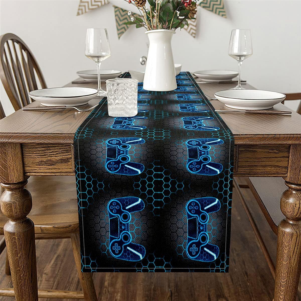Castle Fairy Gamepad Table Runner 13 X 60 Inches,Gaming Video Game Console Geometric Kitchen Dining Tables Decor for Home, Honeycomb Hexagon Modern Table Mat, Blue Black image 3
