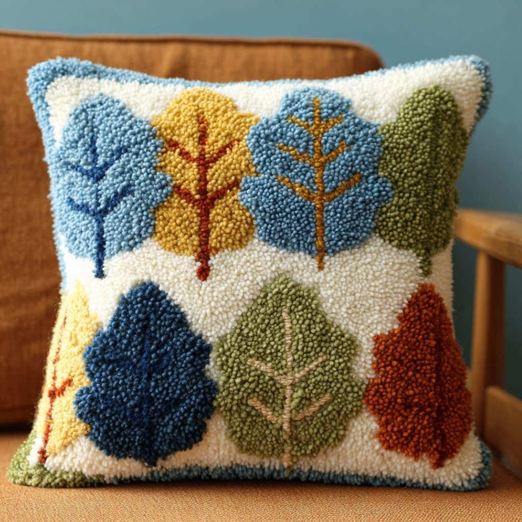Taxpy DIY Latch Hook Pillow Kit Pre-Printed Hook and Latch Rug Kits Leaf 17X17 Inch.Cross-Stitch Embroidery Cushion Cover for Home Sofa Decoration