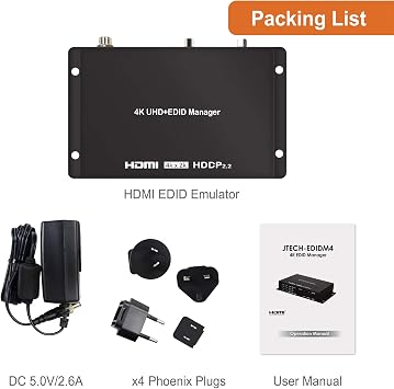 J-Tech Digital EDID Emulator 4K 60Hz 4:4:4 18Gbps w/4 EDID Functions: Read, Write, Emulation and Bypass; Supports OSD Manual, HDCP Indicator, CEC Pass-Through, and PC Management Tool