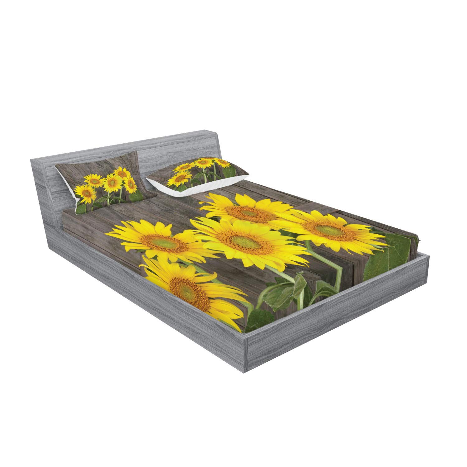 Ambesonne Sunflower Fitted Sheet & Pillow Sham Set, Helianthus Sunflowers Against Weathered Aged Fence Summer Garden Photo, Decorative Printed 3 Piece Bedding Decor Set, Calking, Brown Yellow