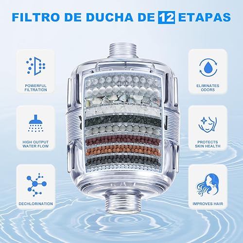 Miniatura 6 de Filtro de ducha, mejora la textura de la piel y el cabello, suaviza el agua dura, filtro de 15 capas para reducir productos químicos, elimina el