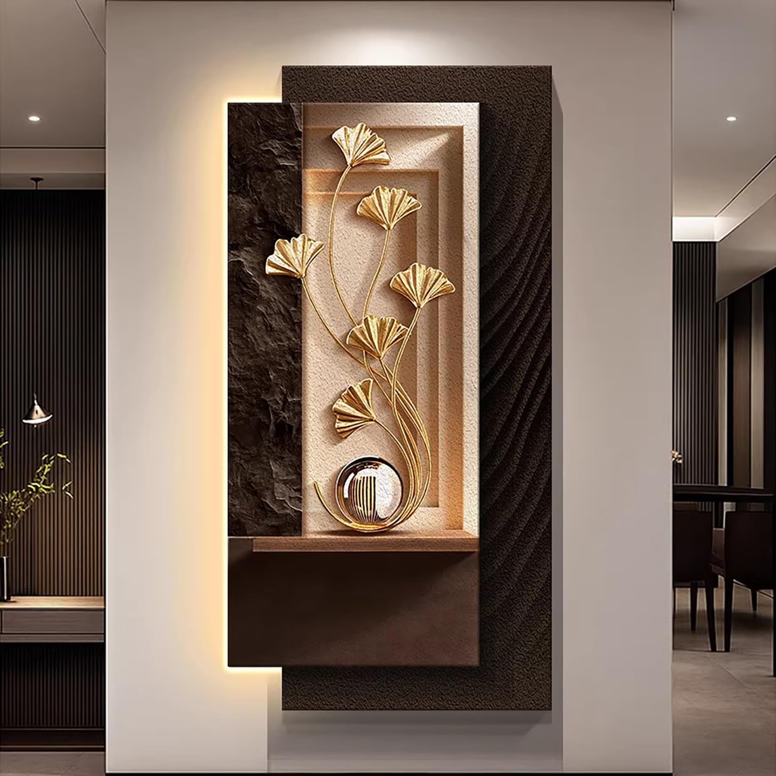 Décoration Murale LED 3D Feuille de Ginkgo Moderne en Grès Marron 40x80cm